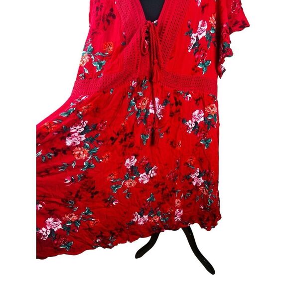 Torrid 5XL Red Floral Flutter Sleeve Lace Up Neck Dress midi sundress career - Picture 5 of 8